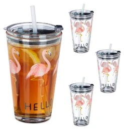 Verre Avec Paille Flamant Rose Lot De 4